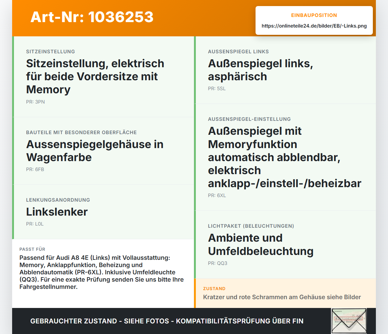 Audi A8 4E 05-08 Spiegel Aussenspiegel Links Elektrochrom Memory beheizt El. Klappbar LY7W Audi A8 4E 05-08... Vorschau 3
