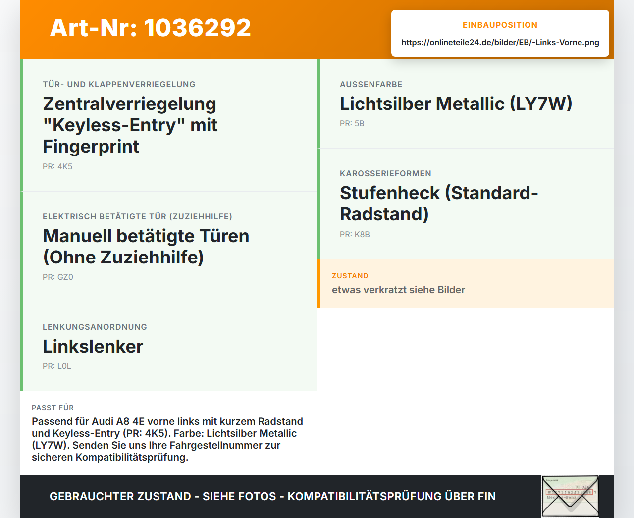Audi A8 4E 05-08 Kurz Türgriff Griff aussen Links Vorne Chrom Kessy LY7W Audi A8 4E 05-08 17.05.2006 4E1837205G... Vorschau 3