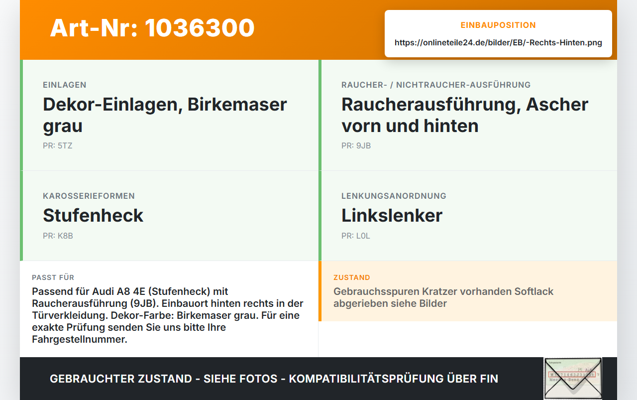 Audi A8 4E 05-08 Aschenbecher Ascher Rechts Hinten für Türverkleidung Audi A8 4E 05-08 17.05.2006 4E0857406E gebraucht Vorschau 3