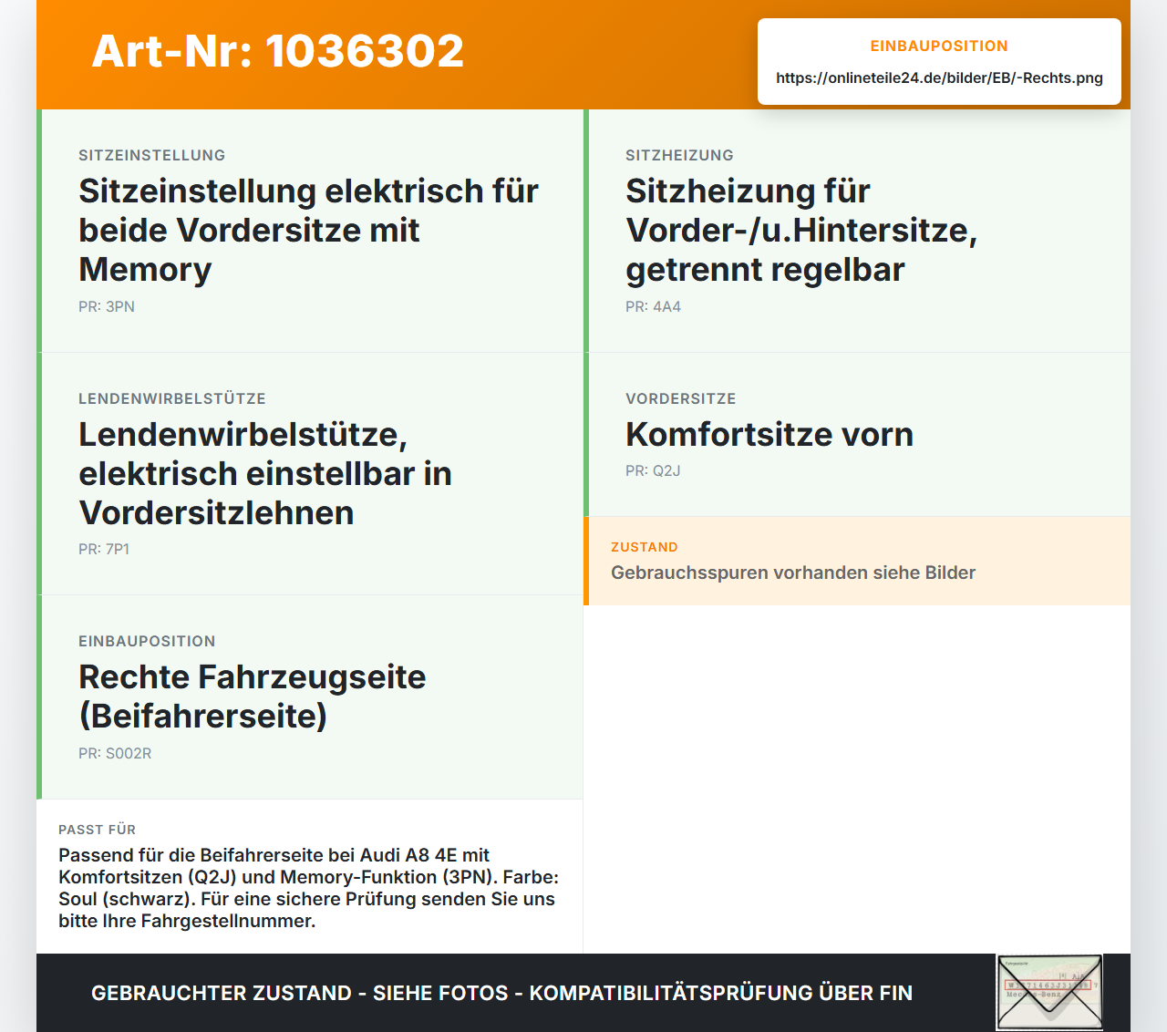 Audi A8 4E 05-08 Sitzverstellung Schalter Rechts Audi A8 4E 05-08 17.05.2006 4E0959766H 4E0959766H6PS gebraucht Vorschau 3