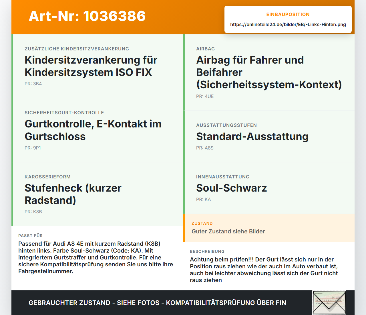 Audi A8 4E 05-08 Kurz Gurt Sicherheitsgurt Schwarz Links Hinten m. Gurtstraffer Audi A8 4E 05-08 17.05.2006... Vorschau 3