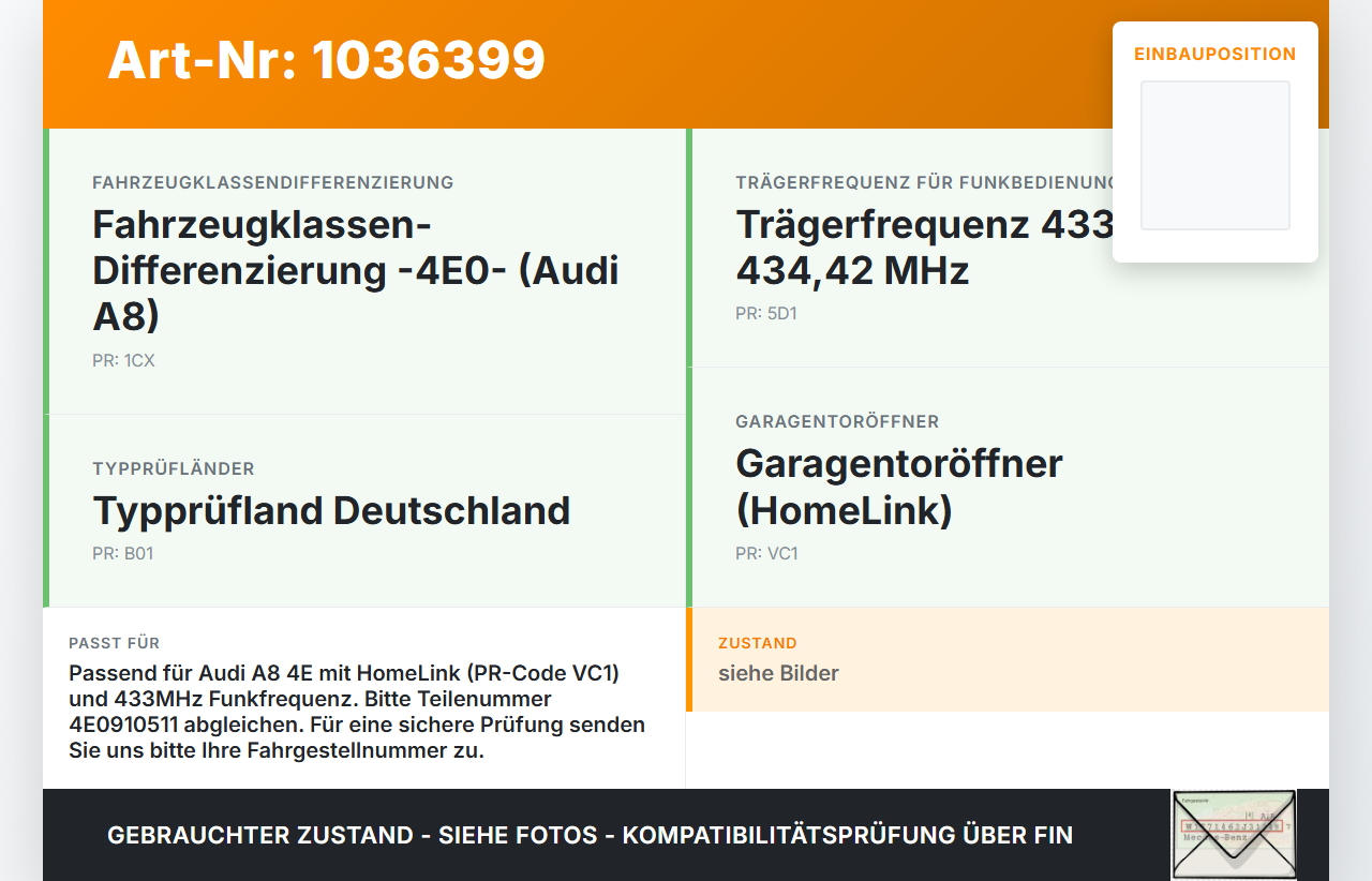 Audi A8 4E 05-08 Steuergerät ECU Modul SG Garagetoröffner Homelink Audi A8 4E 05-08 17.05.2006 4E0910511 4E0909511... Vorschau 3