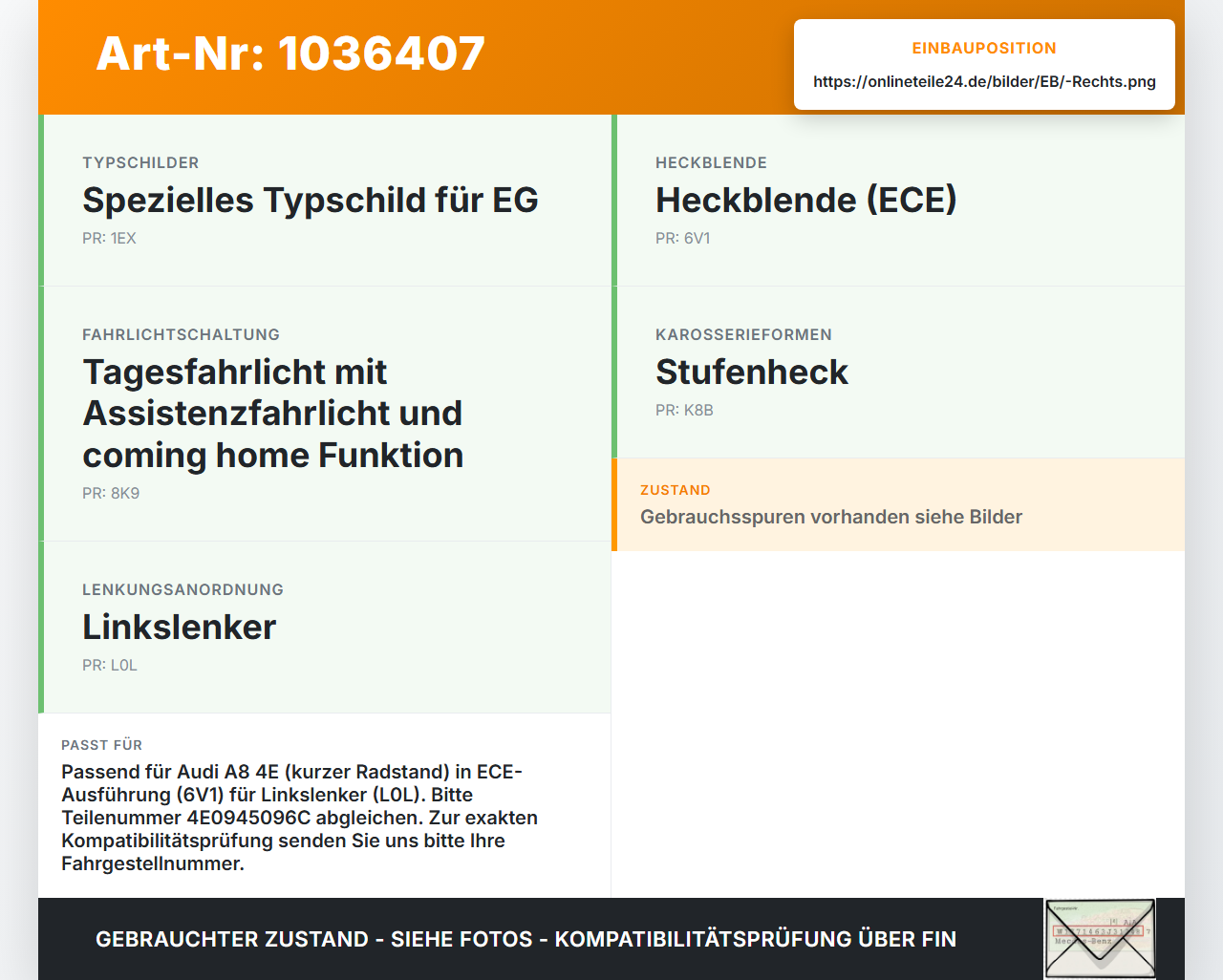 Audi A8 4E 05-08 Kurz Rückleuchte Rücklicht Heckleuchte Rechts orig Audi A8 4E 05-08 17.05.2006 4E0945096C gebraucht Vorschau 3