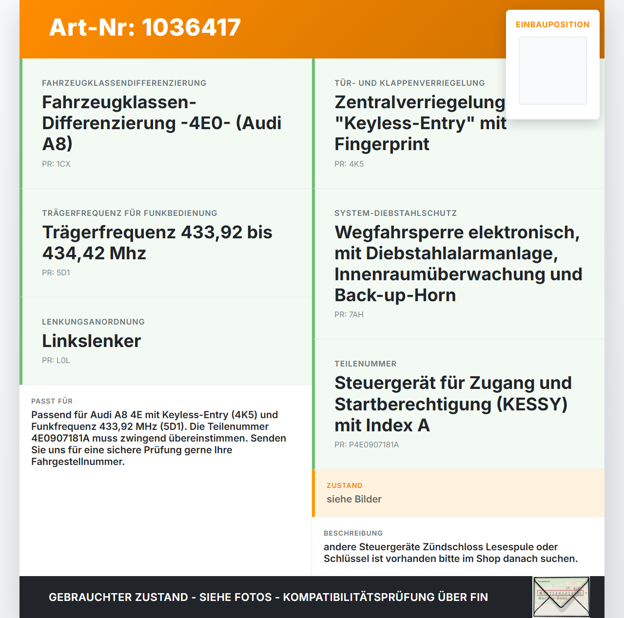 Audi A8 4E 05-08 TDI 3,0 155KW Wegfahrsperre ECU Steuergerät M43 Nachrüst Audi A8 4E 05-08 17.05.2006 4E0907181A... Vorschau 3