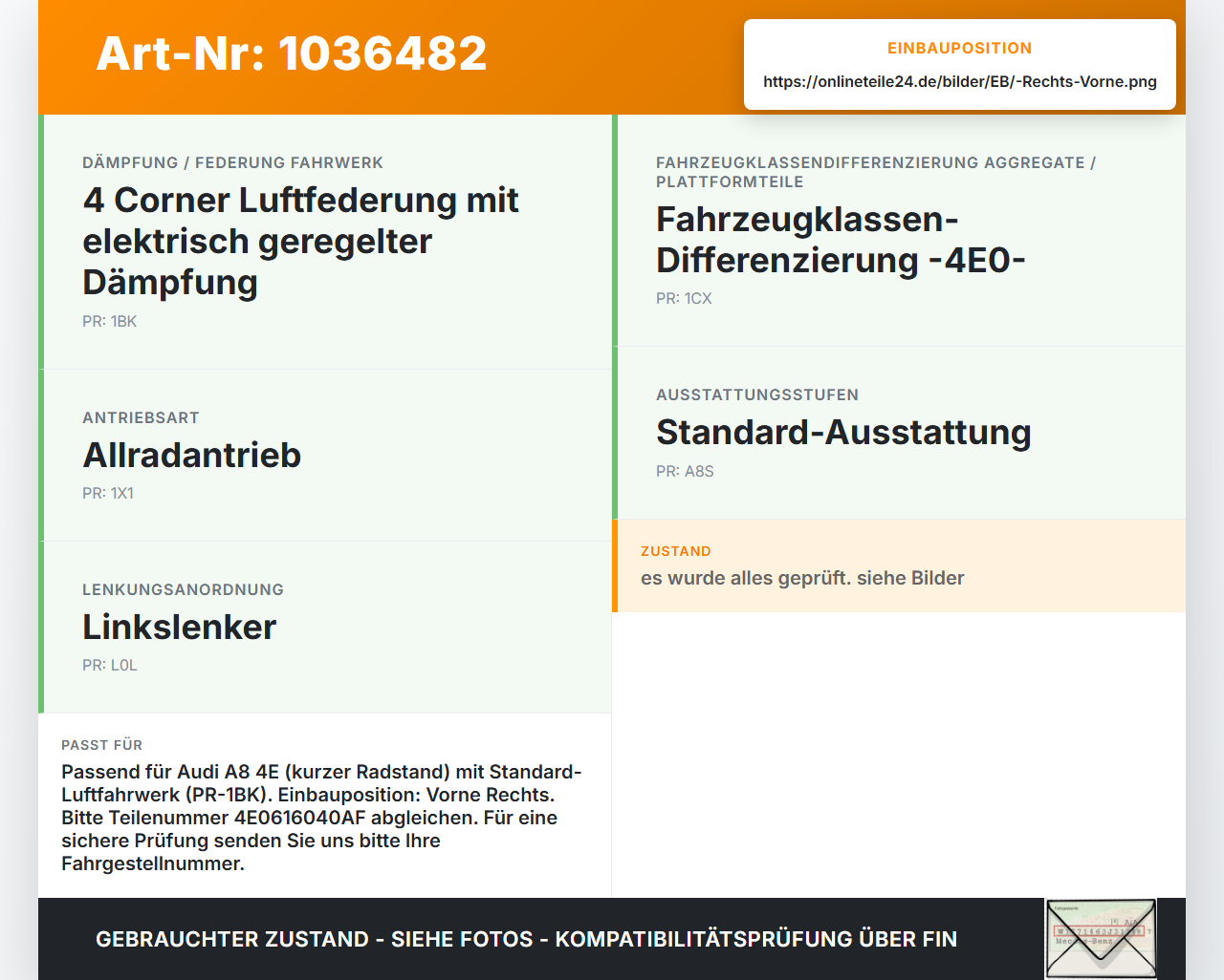 Audi A8 4E 05-08 Kurz Stossdämpfer Federbein Luftfahrwerk Vorne Rechts Audi A8 4E 05-08 17.05.2006 4E0616040AF gebraucht Vorschau 3