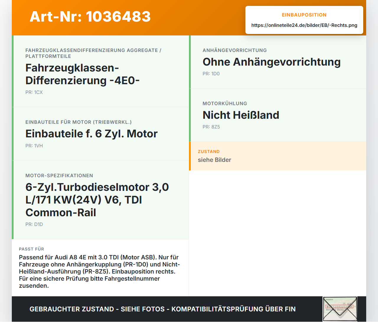 Audi A8 4E 05-08 TDI 3,0 155KW Lüfter Ventilator f. Kühler Rechts Audi A8 4E 05-08 17.05.2006 4E0959455F 4E0910455... Vorschau 3