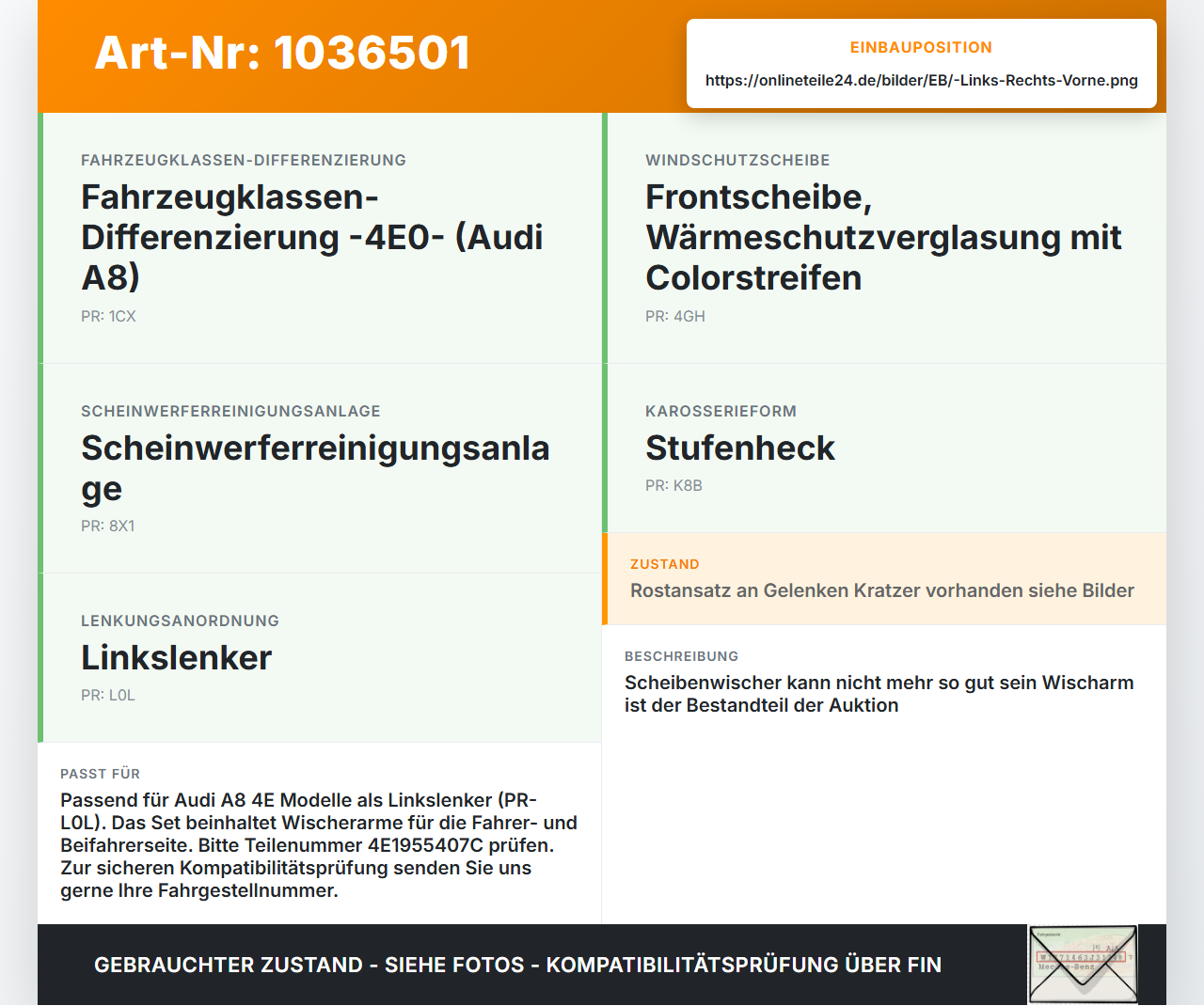 Audi A8 4E 05-08 2x Scheibenwischer Wischarm Vorne Links Rechts Audi A8 4E 05-08 17.05.2006 4E1955407C gebraucht Vorschau 3