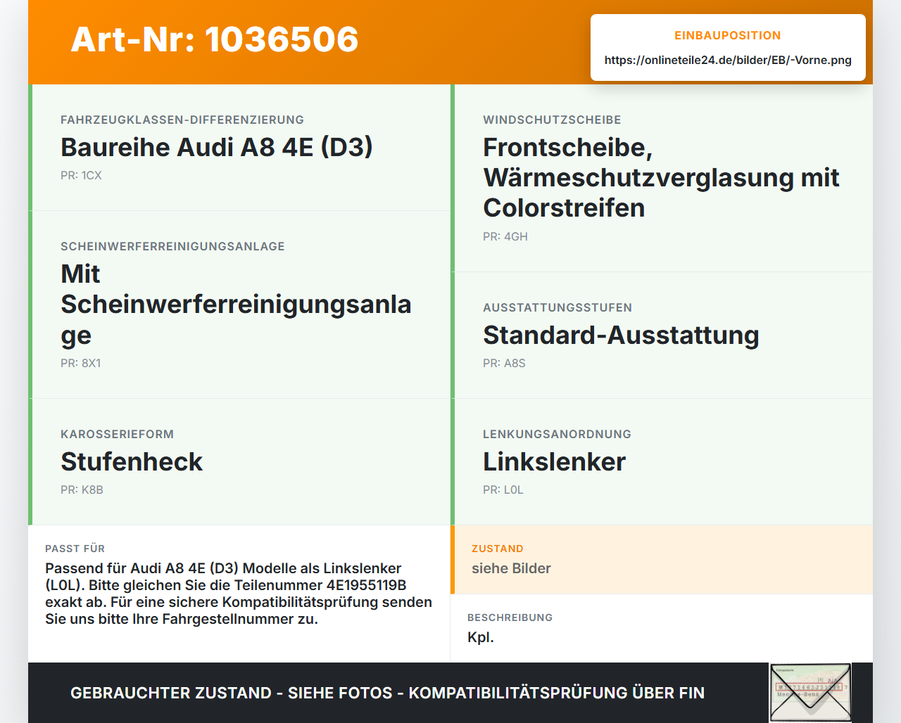 Audi A8 4E 05-08 Wischermotor m. Wischergestänge Vorne Audi A8 4E 05-08 17.05.2006 4E1955119B 0390241851 gebraucht Vorschau 3
