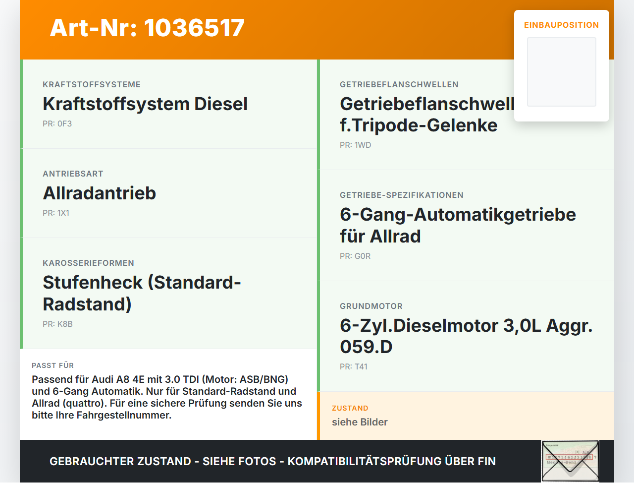 Audi A8 4E 05-08 TDI 3,0 155KW 4WD Kardanwelle Audi A8 4E 05-08 17.05.2006 4E0521101H 4E0521101D gebraucht Vorschau 3