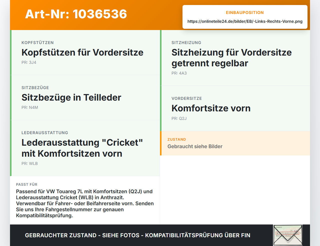 VW Touareg 7L 06-10 Kopfstütze für Beifahrer Sitz Rechts oder Links Vorne Leder VW Touareg 7L 06-10 18.05.2007... Vorschau 3