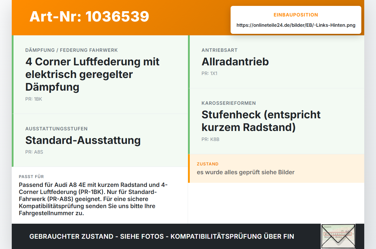 Audi A8 4E 05-08 Kurz Stossdämpfer Federbein Luftfederung Hinten Links Audi A8 4E 05-08 17.05.2006 4E0616001N... Vorschau 3