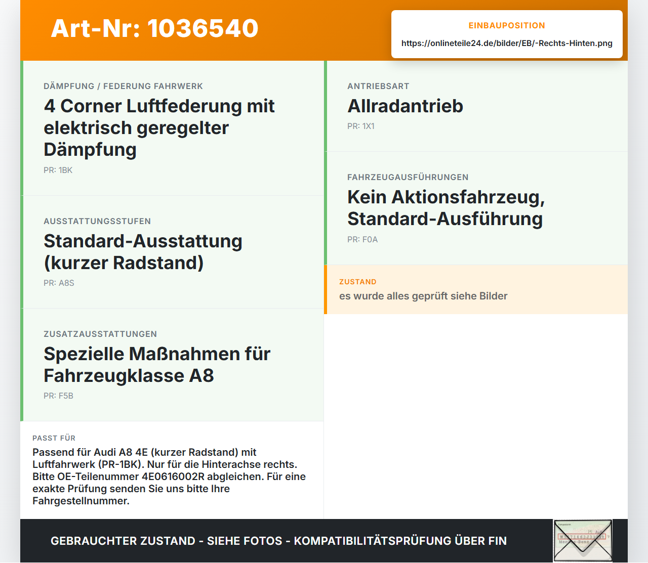 Audi A8 4E 05-08 Kurz Stossdämpfer Federbein Luftfahrwerk Hinten Rechts Audi A8 4E 05-08 17.05.2006 a4E0616002R... Vorschau 3