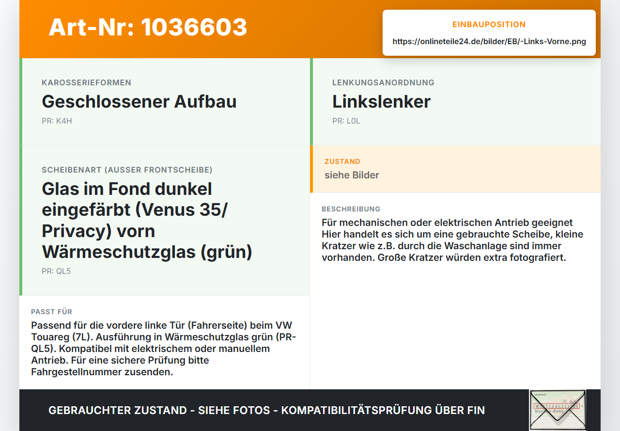 VW Touareg 7L 06-10 Seitenscheibe LVK Links Vorne VW Touareg 7L 06-10 18.05.2007 7L0845201F gebraucht Vorschau 3