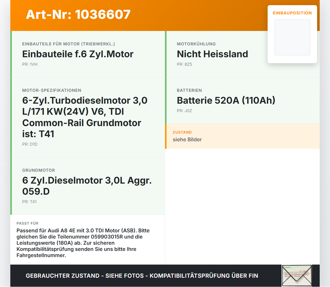 Audi A8 4E 05-08 TDI 3,0 155KW Lichtmaschine Generator 180A 14V Audi A8 4E 05-08 17.05.2006 059903015R gebraucht Vorschau 3