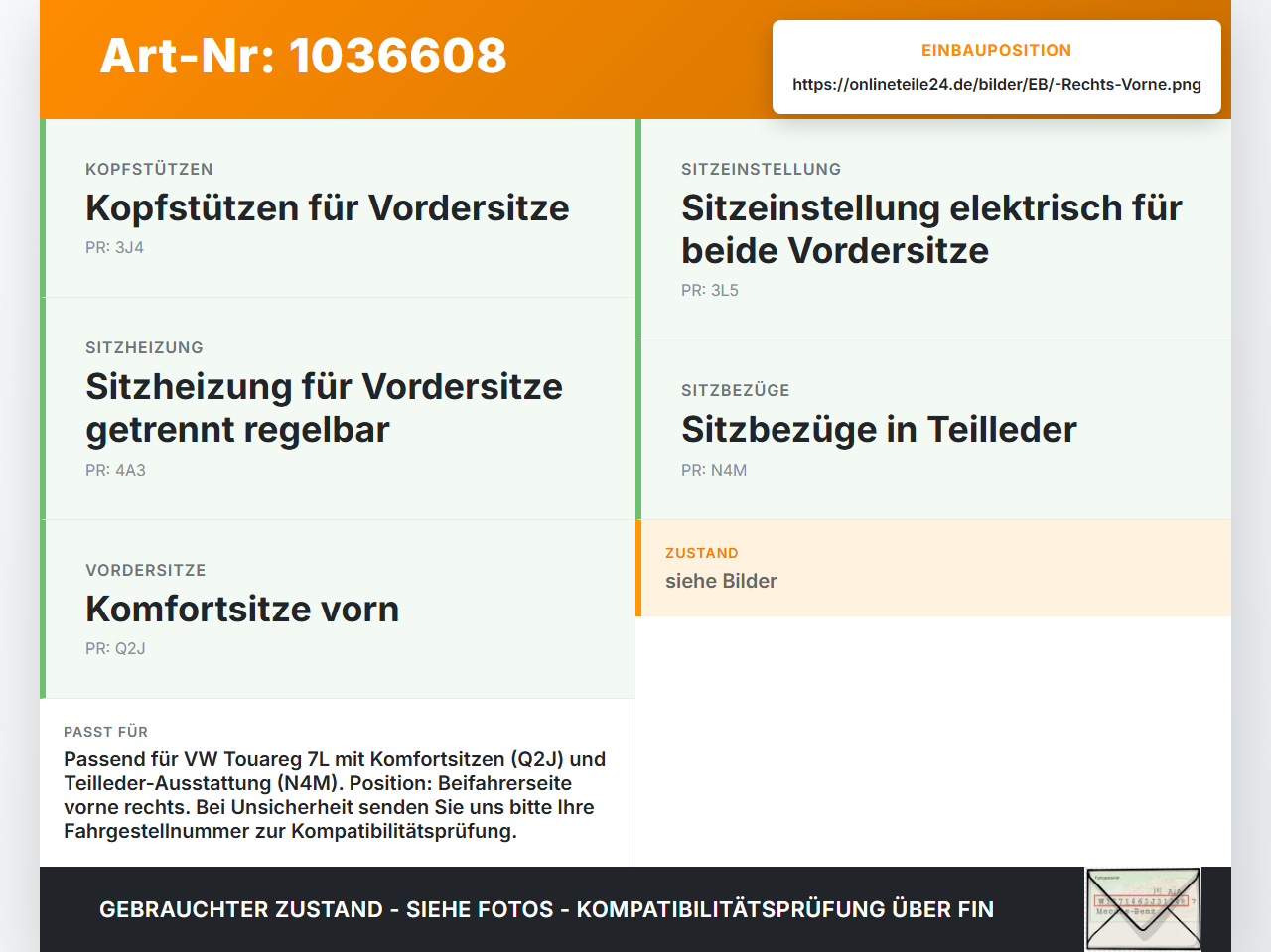 VW Touareg 7L 06-10 Kopfstütze Beifahrersitz Rechts Vorne VW Touareg 7L 06-10 18.05.2007 7L6881902AM gebraucht Vorschau 3