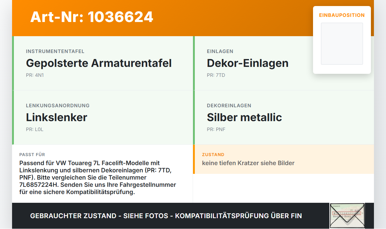 VW Touareg 7L 06-10 Blende für Armaturenbrett Abdeckung VW Touareg 7L 06-10 18.05.2007 7L6857224H gebraucht Vorschau 3