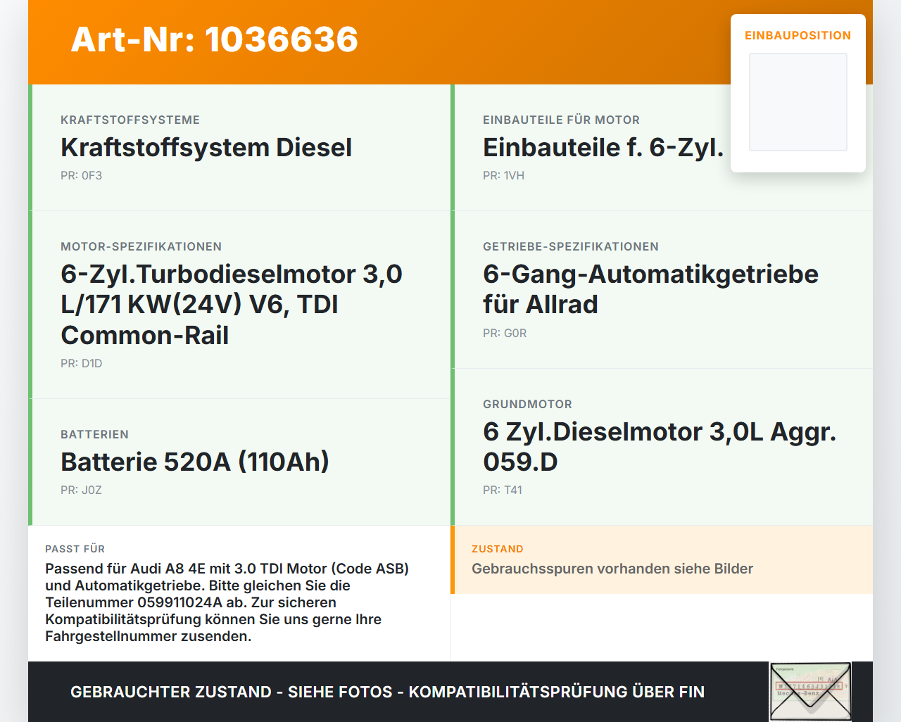 Audi A8 4E 05-08 TDI 3,0 155KW Autom Anlasser Starter Audi A8 4E 05-08 17.05.2006 059911024A 0001109260 gebraucht Vorschau 3