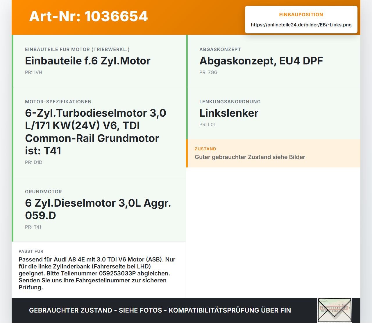 Audi A8 4E 05-08 TDI 3,0 155KW ASB Abgaskrümmer Links Audi A8 4E 05-08 17.05.2006 059253033P gebraucht Vorschau 3