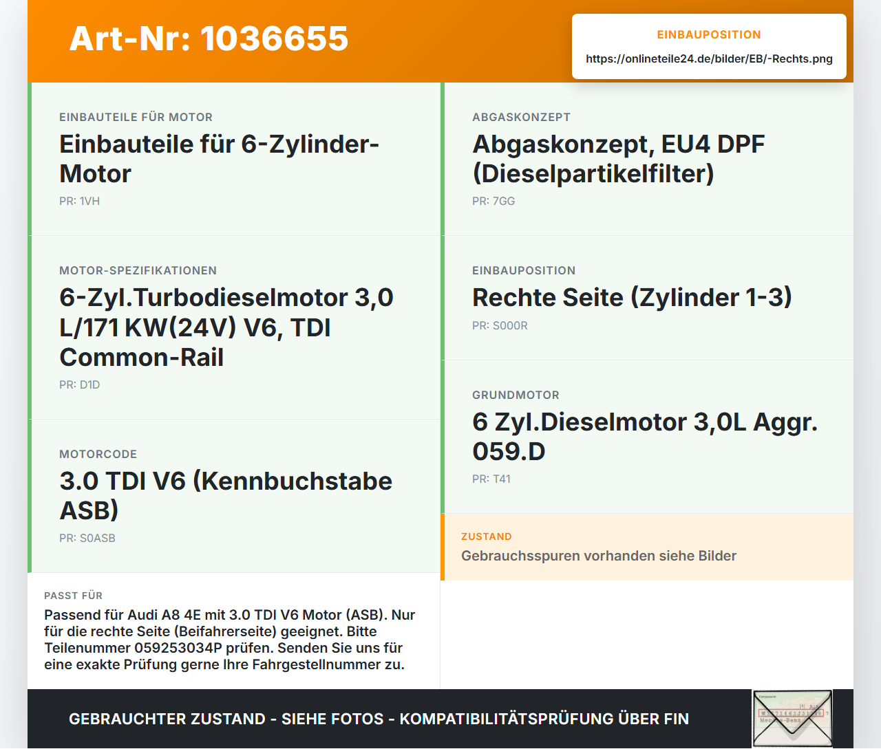 Audi A8 4E 05-08 TDI 3,0 155KW ASB Abgaskrümmer Rechts Audi A8 4E 05-08 17.05.2006 059253034P gebraucht Vorschau 3