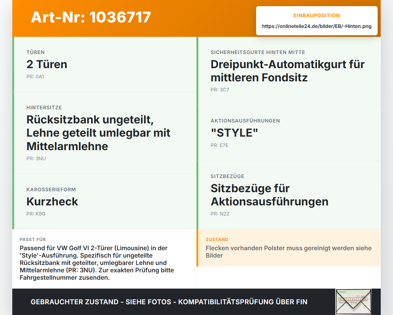 VW Golf VI 5K 08-12 Lim Sitzbezug Sitzpolster für Rücksitzbank Hinten VW Golf VI 5K 08-12 26.01.2012 5K0885375J... Vorschau 3