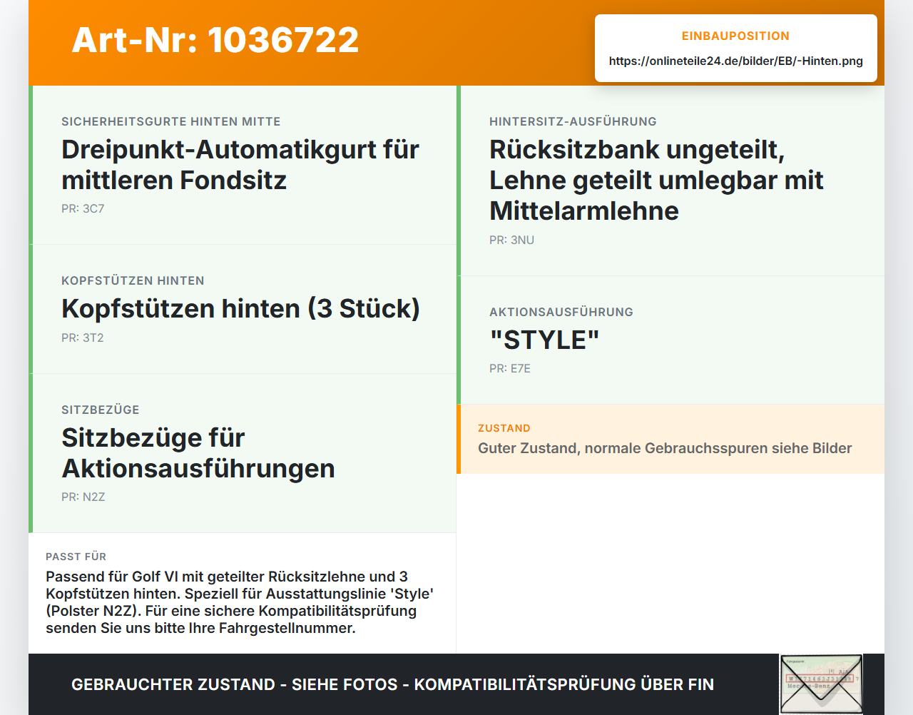 VW Golf VI 5K 08-12 Kopfstütze Mitte Hinten VW Golf VI 5K 08-12 26.01.2012 5K0885902F gebraucht Vorschau 3