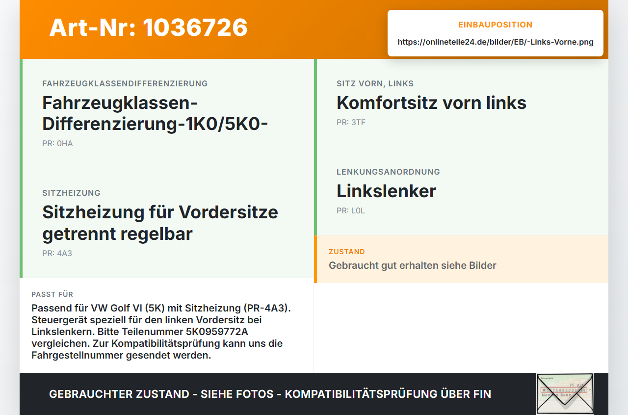 VW Golf VI 5K 08-12 SG ECU Steuergerät für Sitzheizung Links Vorne VW Golf VI 5K 08-12 26.01.2012 5K0959772A gebraucht Vorschau 3