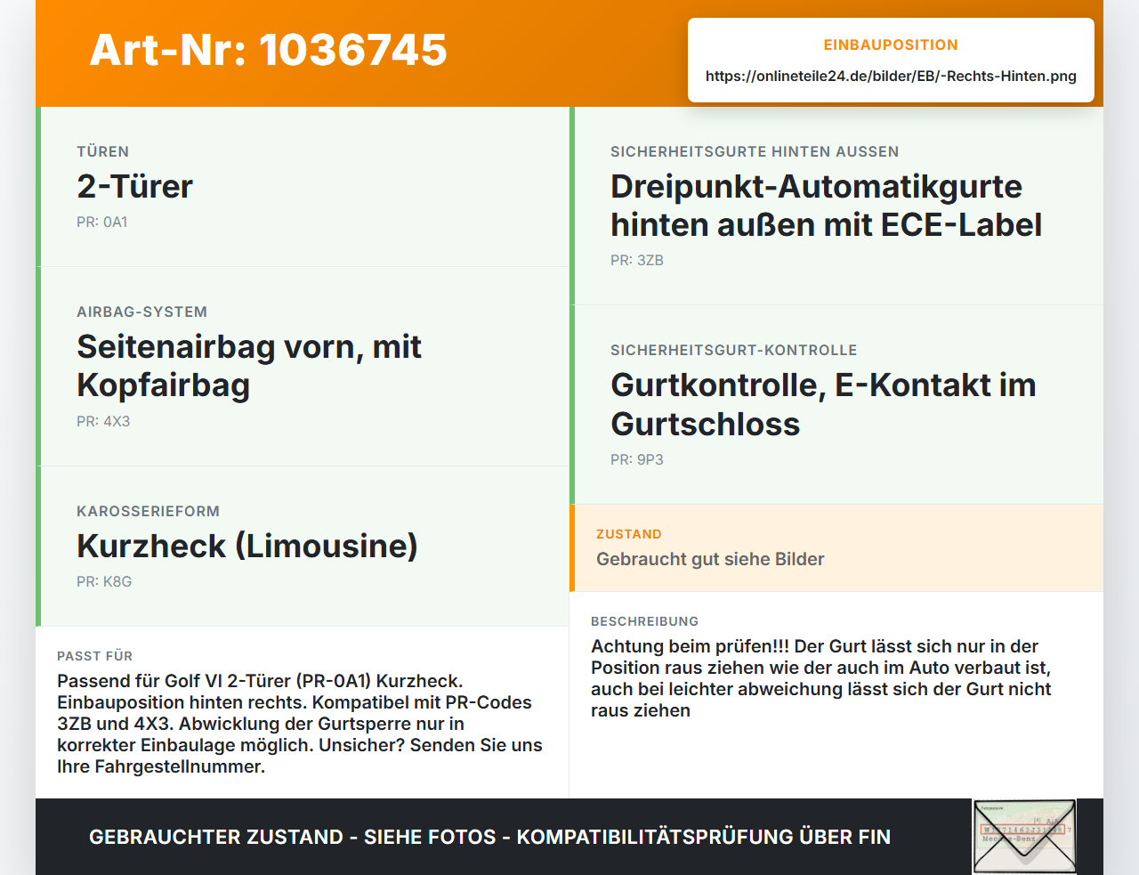VW Golf VI 5K 08-12 Lim Gurt Sicherheitsgurt Volkswagen Rechts Hinten VW Golf VI 5K 08-12 26.01.2012 1K6857806AA... Vorschau 3