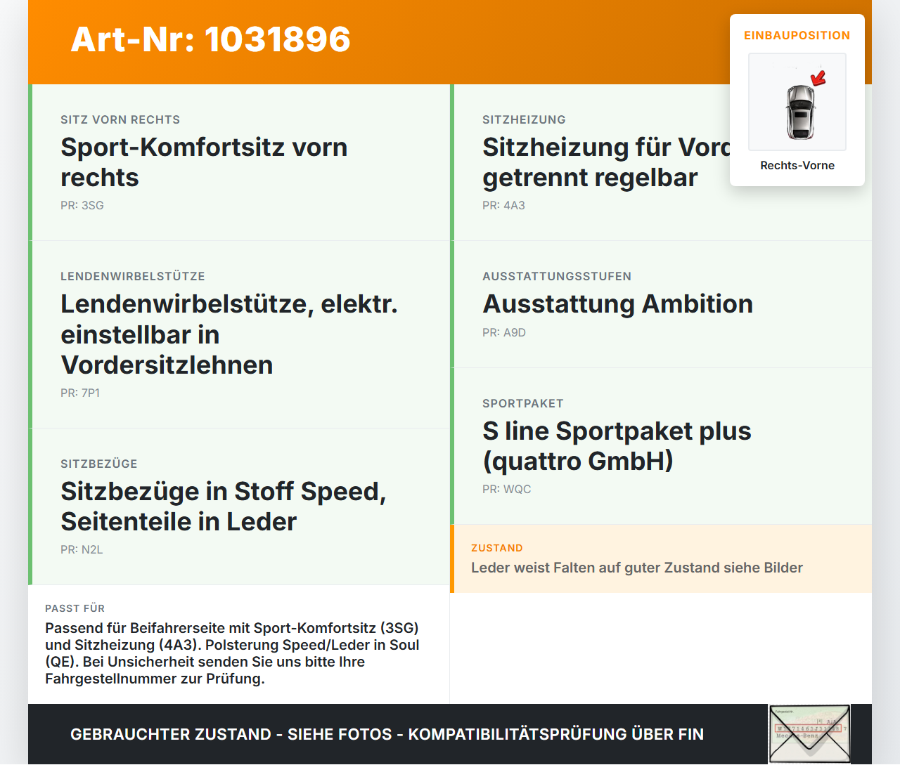 Audi A3 8P 04-08 5T Sitzbezug Sitzpolster für Beifahrersitz Rechts Vorne beheizt Audi A3 8P 04-08 12.10.2007 gebraucht Vorschau 3