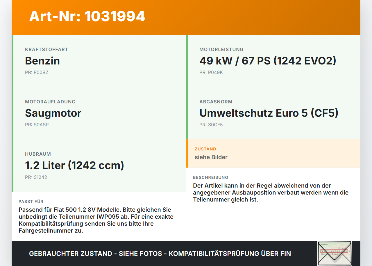 Fiat 500 07-15 1,2 51KW Einspritzdüse Einspritzventil Zyl.1 Fiat 500 07-15 04.03.2008  IWP095 gebraucht Vorschau 3