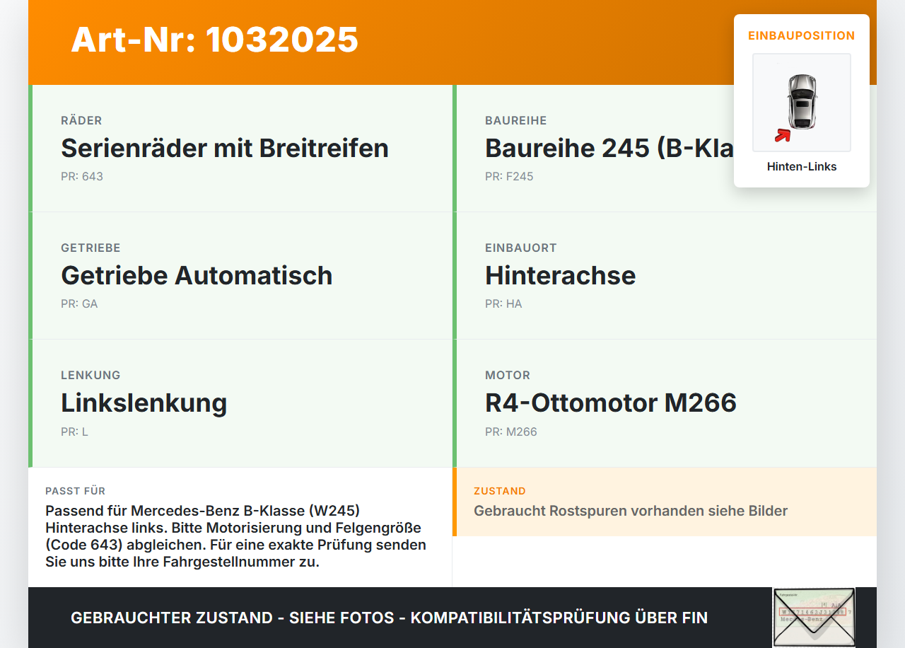 Mercedes W245 B200 05-08 2,0 100KW Bremssattel Bremszange Hinten Links 872/C Mercedes W245 B200 05-08 27.09.2007... Vorschau 3