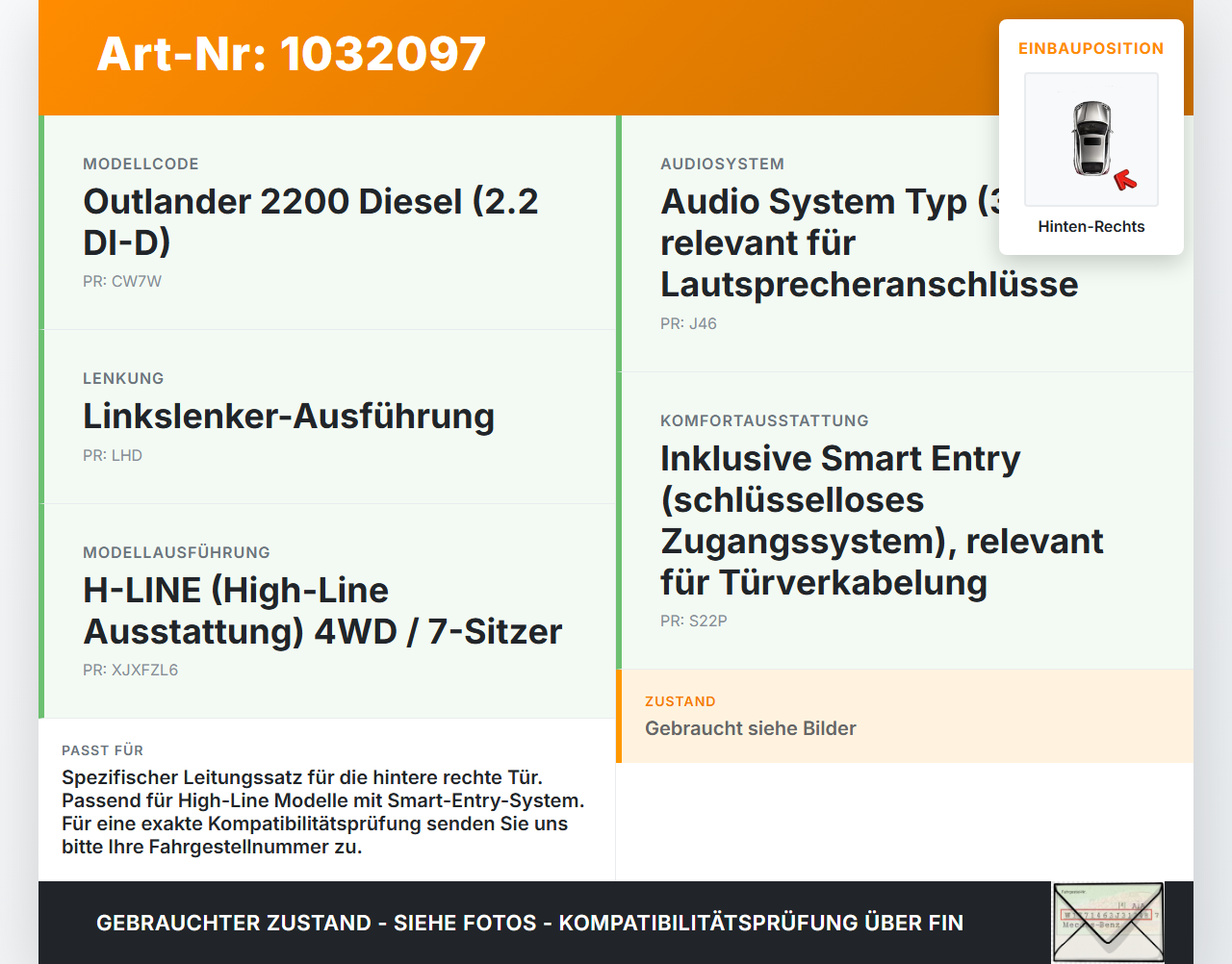 Mitsubishi Outlander CW II 07-10 Kabelbaum Leitungssatz für Tür und Fensterheber Hinten Rechts Mitsubishi Outlander... Vorschau 3