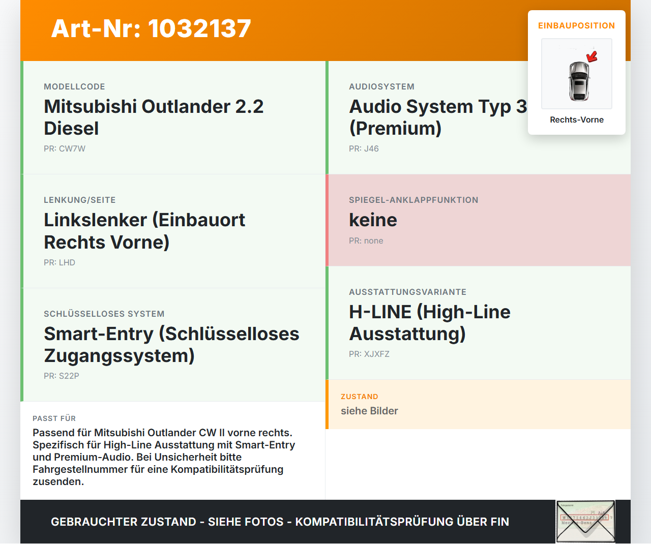 Mitsubishi Outlander CW II 07-10 Kabelbaum für Tür und Fensterheber Rechts Vorne Mitsubishi Outlander CW II 07-10... Vorschau 3