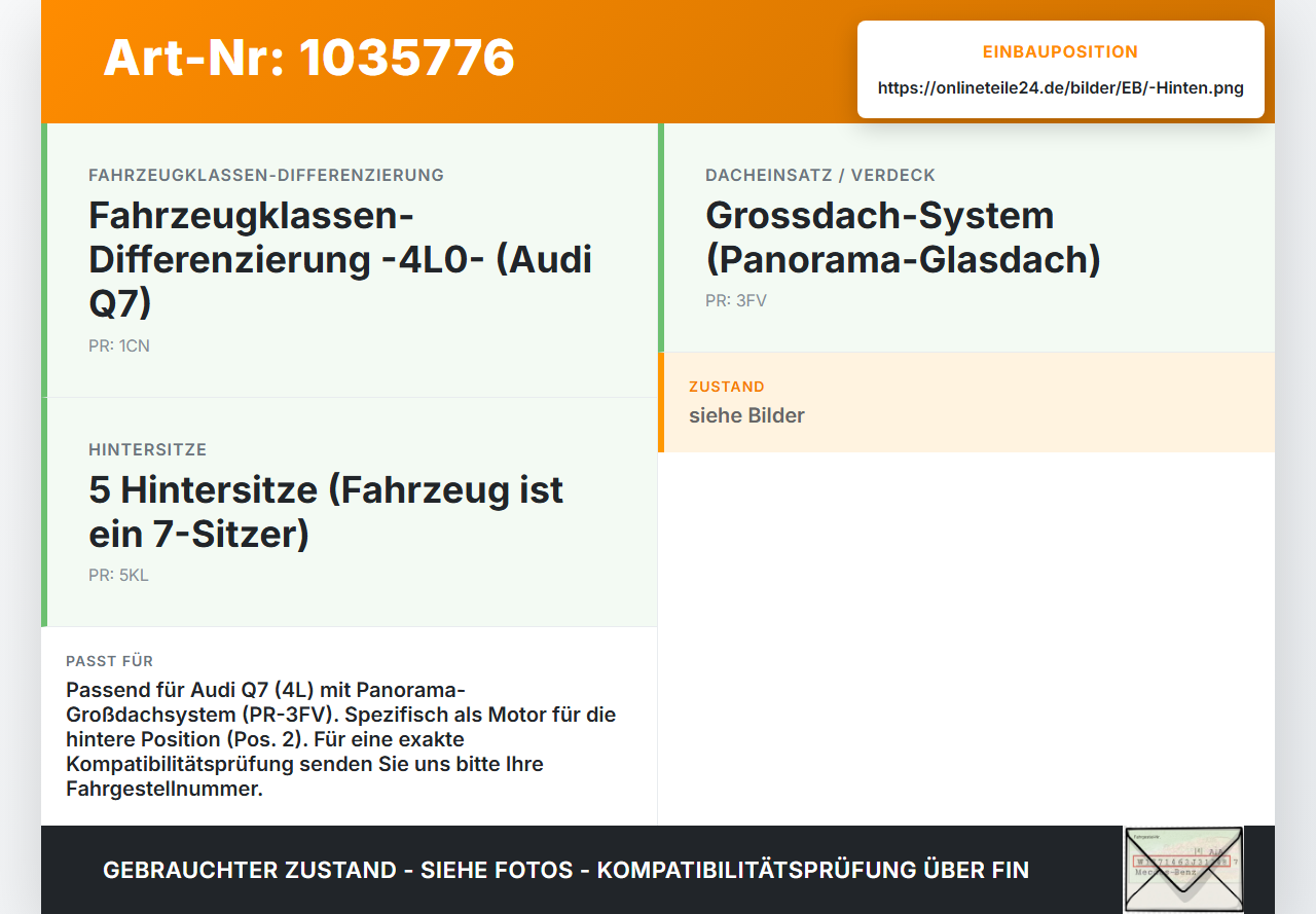 Audi Q7 4L 09-15 Schiebedachmotor Hinten Pos.2 Audi Q7 4L 09-15 22.10.2012 0390200071 4L0959591A 989716510-09 gebraucht Vorschau 3