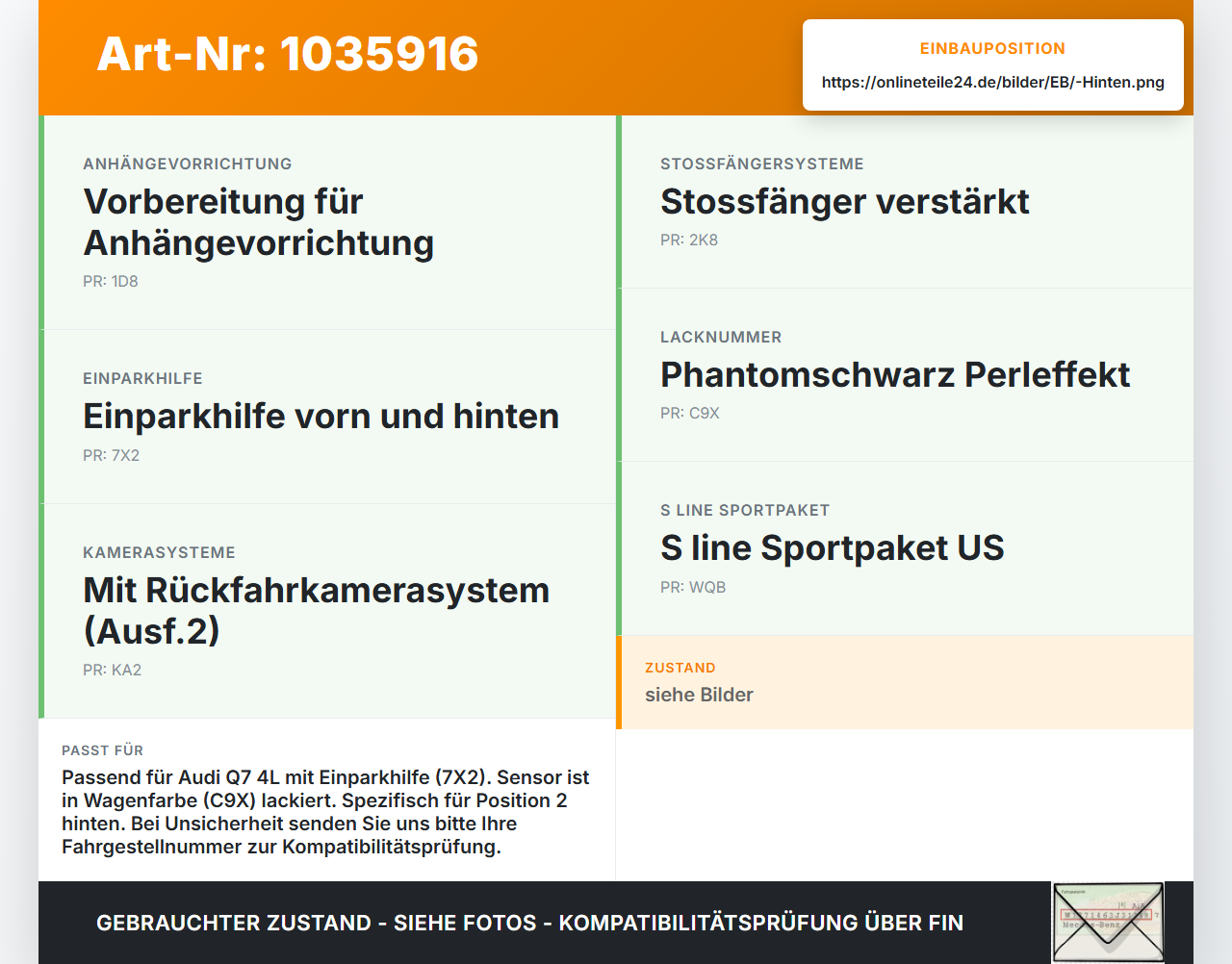 Audi Q7 4L 09-15 Abstands Sensor Parksensor PDC Hinten Pos.2 Audi Q7 4L 09-15 22.10.2012 1S0919275 303363 gebraucht Vorschau 3