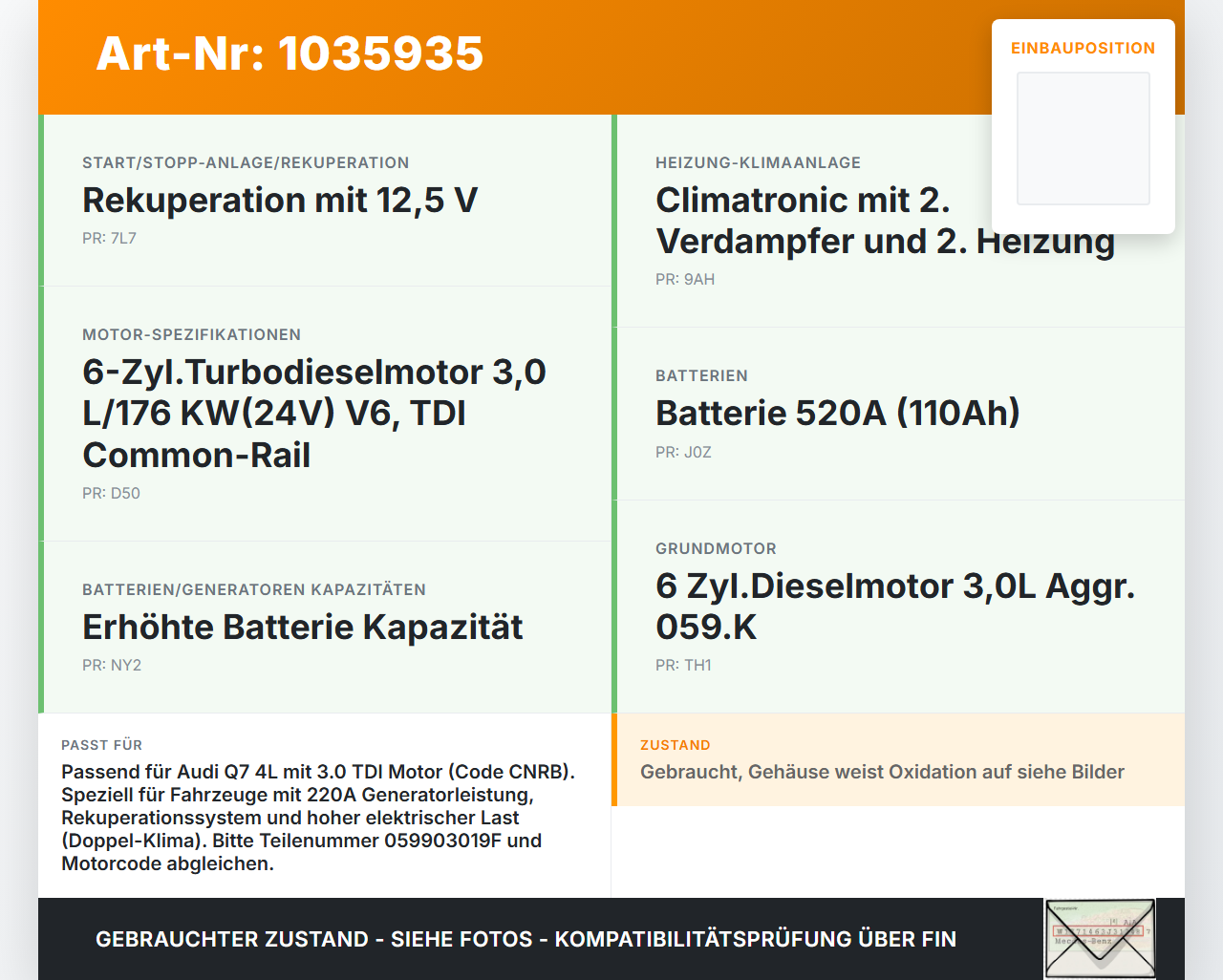 Audi Q7 4L 09-15 TDI 3,0 176KW Lichtmaschine Generator 220A 14V Audi Q7 4L 09-15 22.10.2012 059903019F FGN23S066... Vorschau 3
