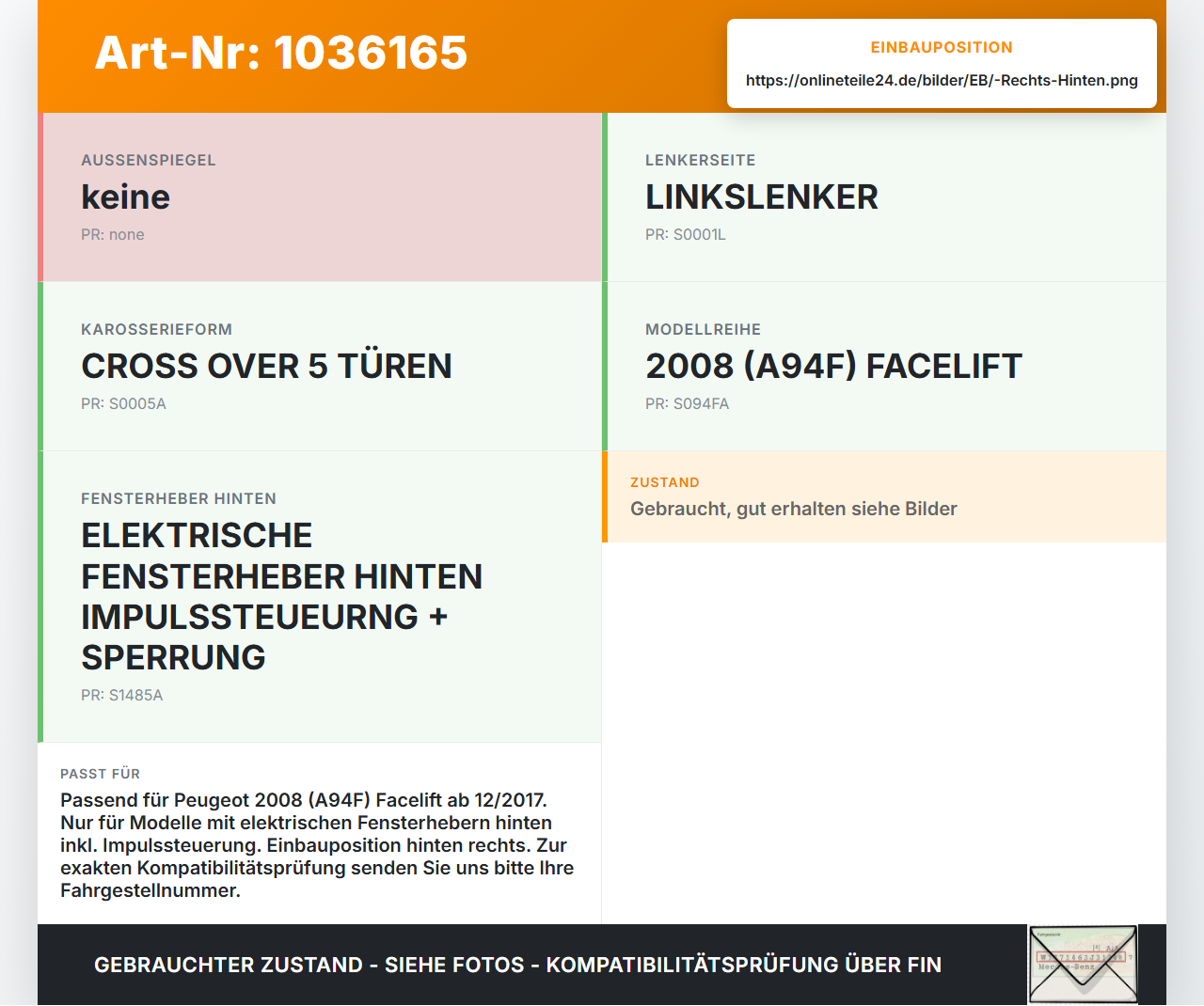Peugeot 2008 CU 16-19 Fensterhebermotor mit Fensterheber Rechts Hinten Peugeot 2008 CU 16-19 30.08.2017 9816401480... Vorschau 3