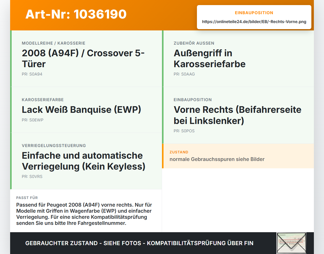 Peugeot 2008 CU 16-19 Türgriff Griff aussen Rechts Vorne EWP Peugeot 2008 CU 16-19 30.08.2017 96555516VV gebraucht Vorschau 3