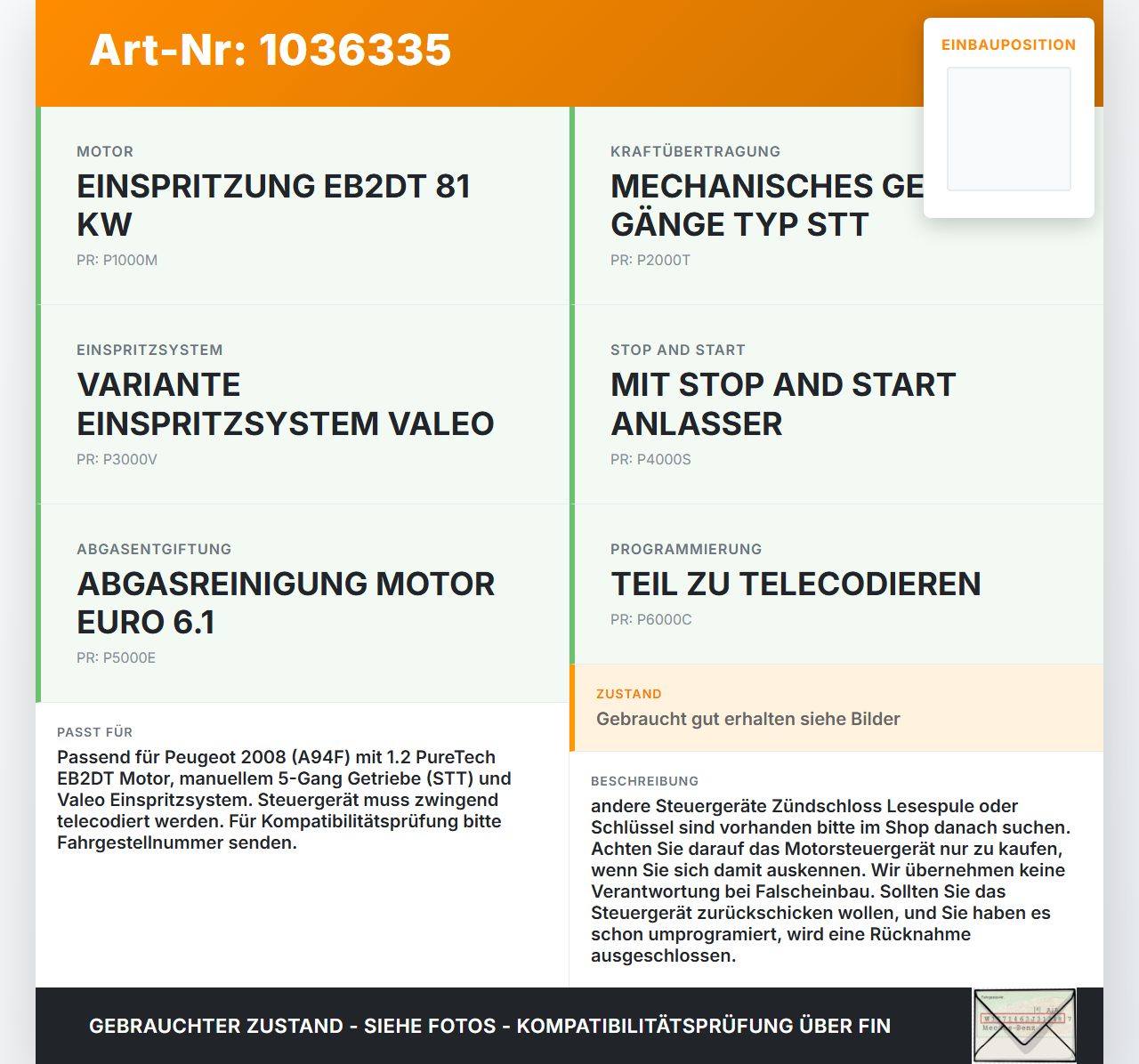 Peugeot 2008 CU 16-19 1,2 81KW Steuergerät ECU für Motor Motorsteuergerät Peugeot 2008 CU 16-19 30.08.2017... Vorschau 3