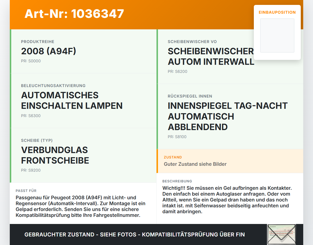 Peugeot 2008 CU 16-19 Regensensor Peugeot 2008 CU 16-19 30.08.2017 1608089480 9665925480 10013944-13 gebraucht Vorschau 3