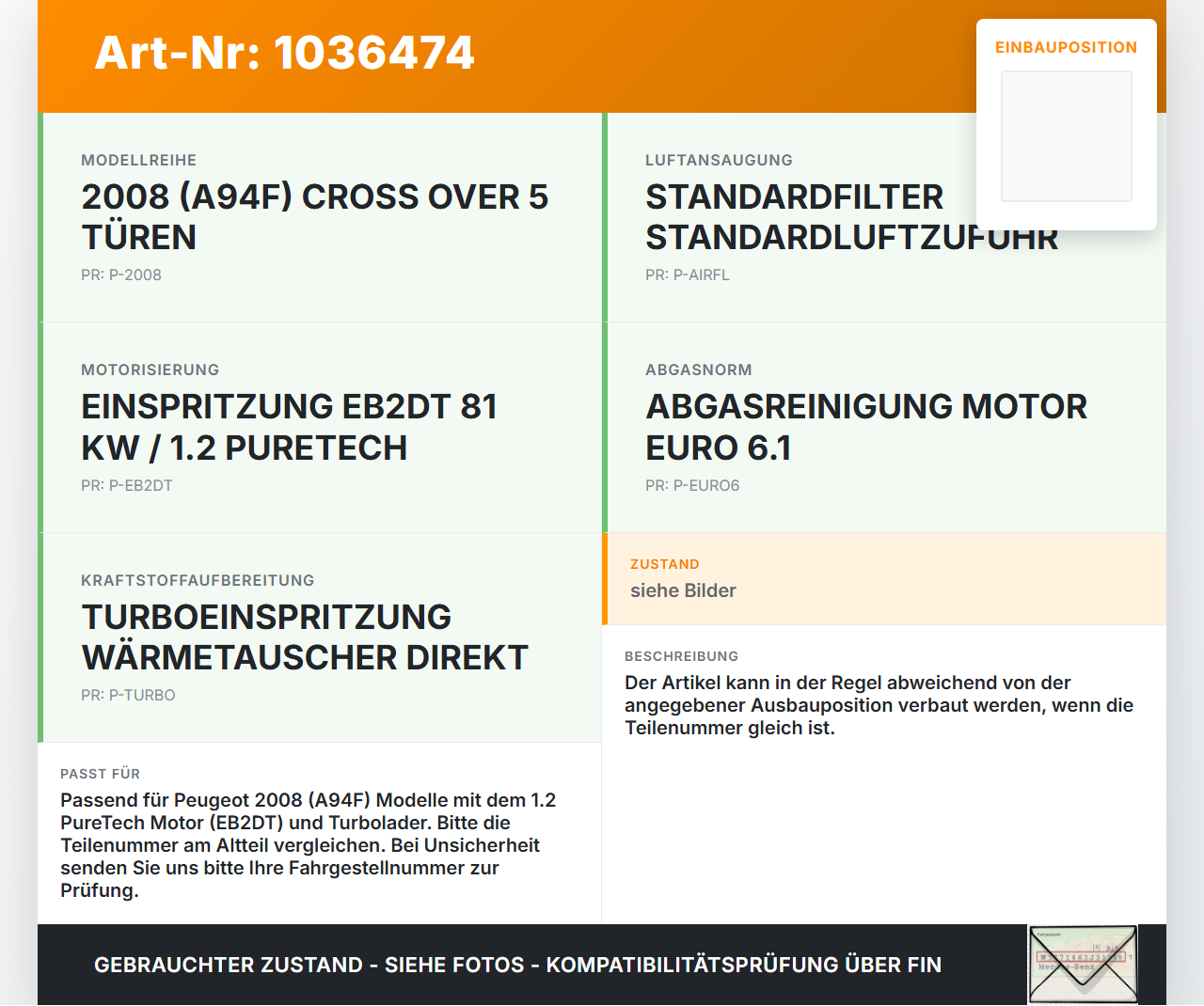 Peugeot 2008 CU 16-19 1,2 81KW Ansaugrohr Ladeluftschlauch Luftschlauch Pos.4 Peugeot 2008 CU 16-19 30.08.2017... Vorschau 3