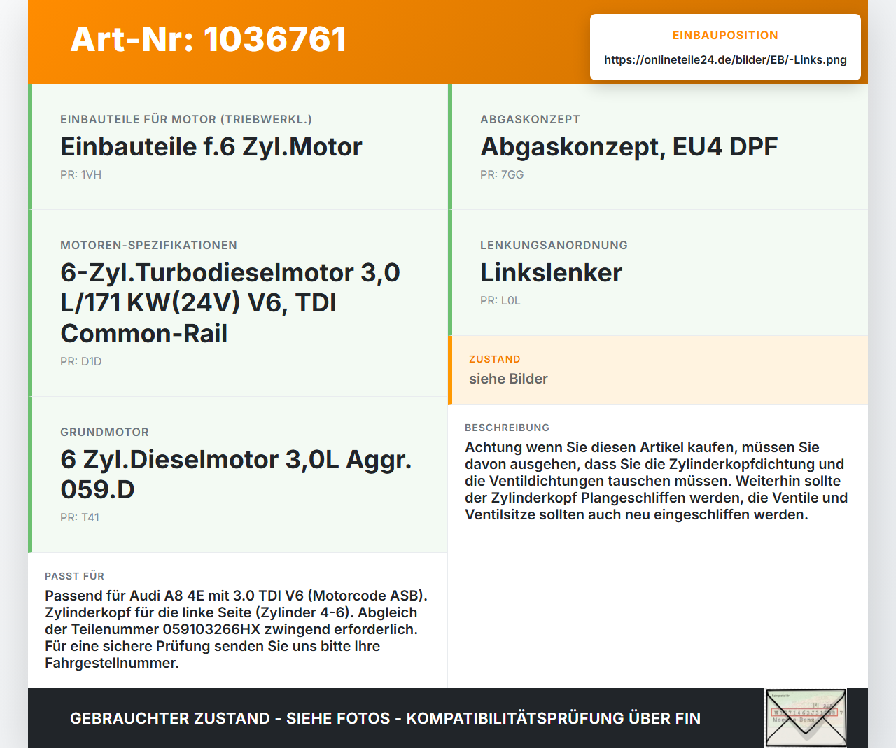 Audi A8 4E 05-08 TDI 3,0 155KW ASB Zylinderkopf Links 4-6 Audi A8 4E 05-08 17.05.2006 059103064CK 059103266HX gebraucht Vorschau 3