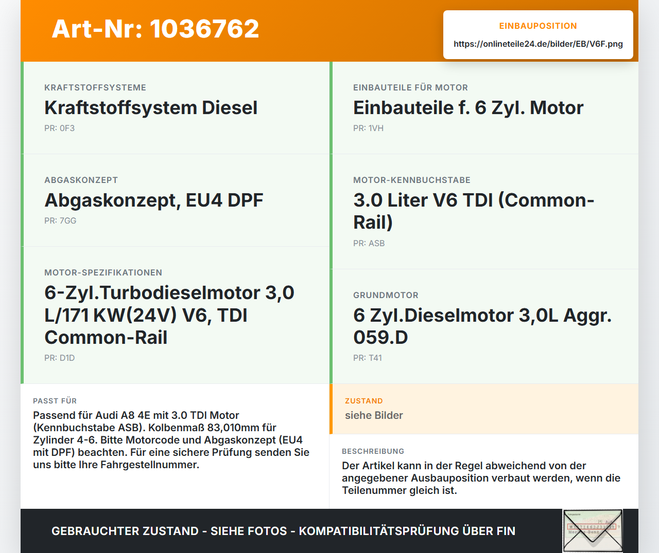 Audi A8 4E 05-08 TDI 3,0 155KW ASB Kolben mit Pleuel Pos F 83,010 4-6 Audi A8 4E 05-08 17.05.2006 059107065BJ gebraucht Vorschau 3