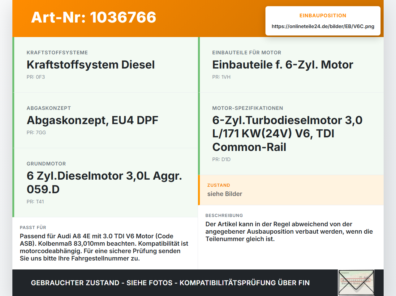Audi A8 4E 05-08 TDI 3,0 155KW ASB Kolben mit Pleuel Pos C 83,010 3-4 Audi A8 4E 05-08 17.05.2006 059107065BJ gebraucht Vorschau 3