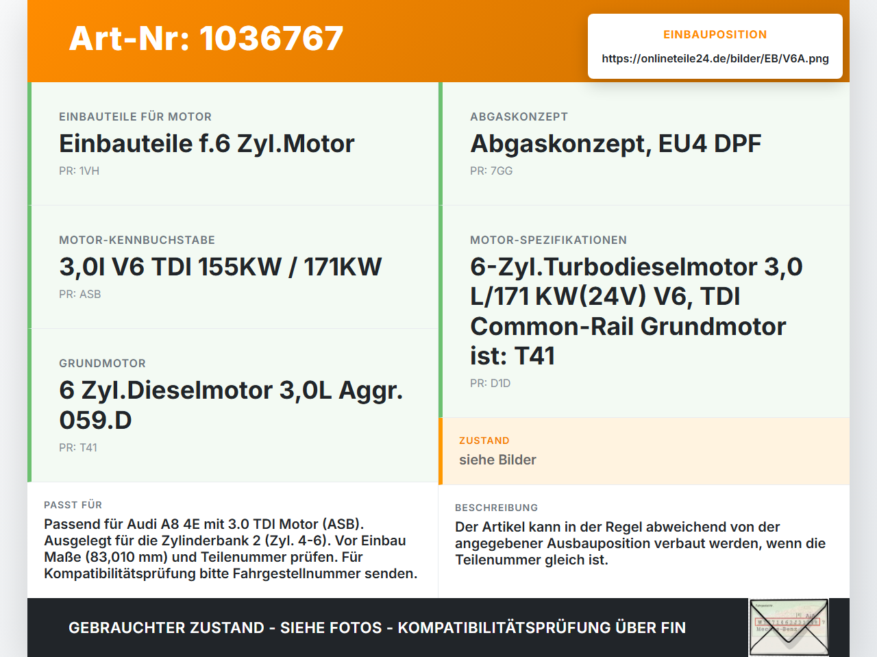 Audi A8 4E 05-08 TDI 3,0 155KW ASB Kolben mit Pleuel Pos A 83,010 4-6 Audi A8 4E 05-08 17.05.2006 059107065BJ gebraucht Vorschau 3