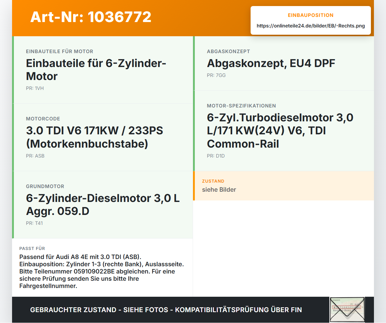 Audi A8 4E 05-08 TDI 3,0 155KW ASB Nockenwelle Rechts Auslass 1-3 Audi A8 4E 05-08 17.05.2006 059109022BE gebraucht Vorschau 3