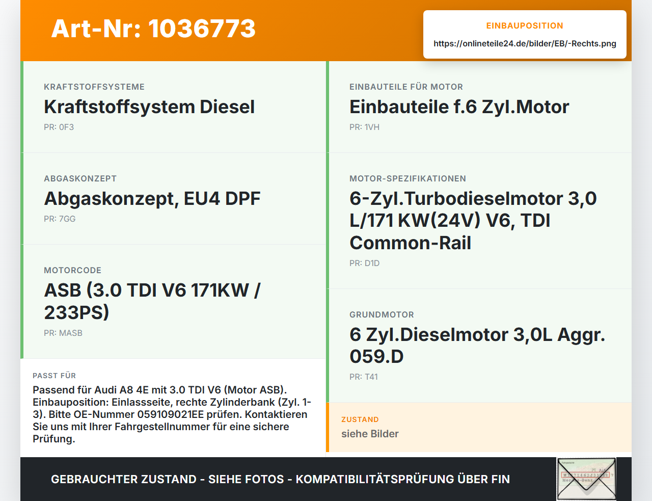 Audi A8 4E 05-08 TDI 3,0 155KW ASB Nockenwelle Einlass Rechts 1-3 Audi A8 4E 05-08 17.05.2006 059109021EE gebraucht Vorschau 3