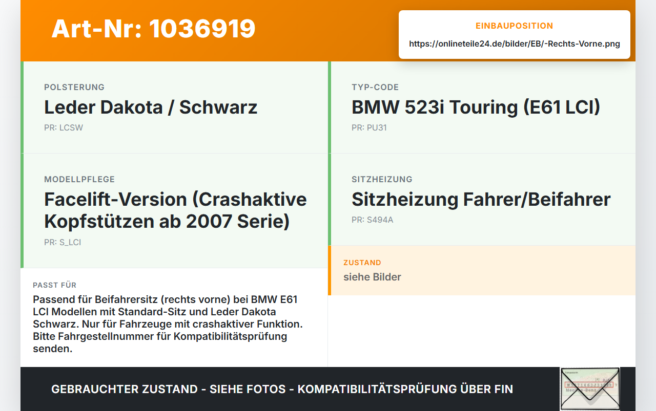 BMW 5er E61 LCI 07-10 Kombi Crashaktiv Kopfstütze für Beifahrer Sitz Rechts Vorne BMW 5er E61 LCI 07-10 30.06.2009... Vorschau 3