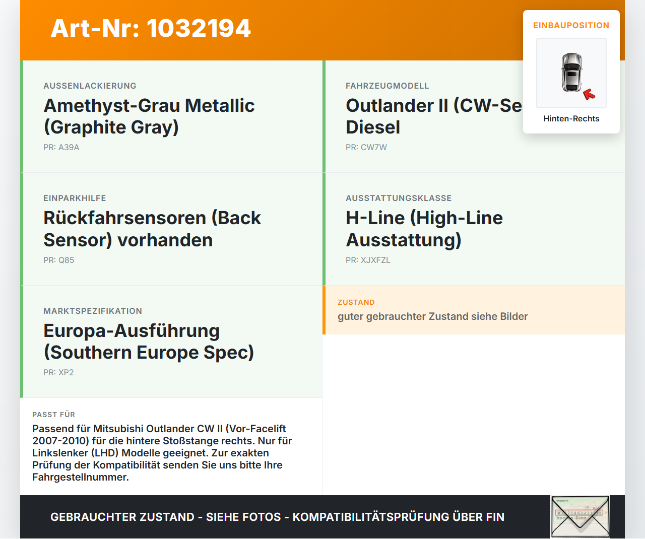 Mitsubishi Outlander CW II 07-10 Gehäuse für Nebelschlussleuchte Stoßstange Hinten Rechts Mitsubishi Outlander CW... Vorschau 3