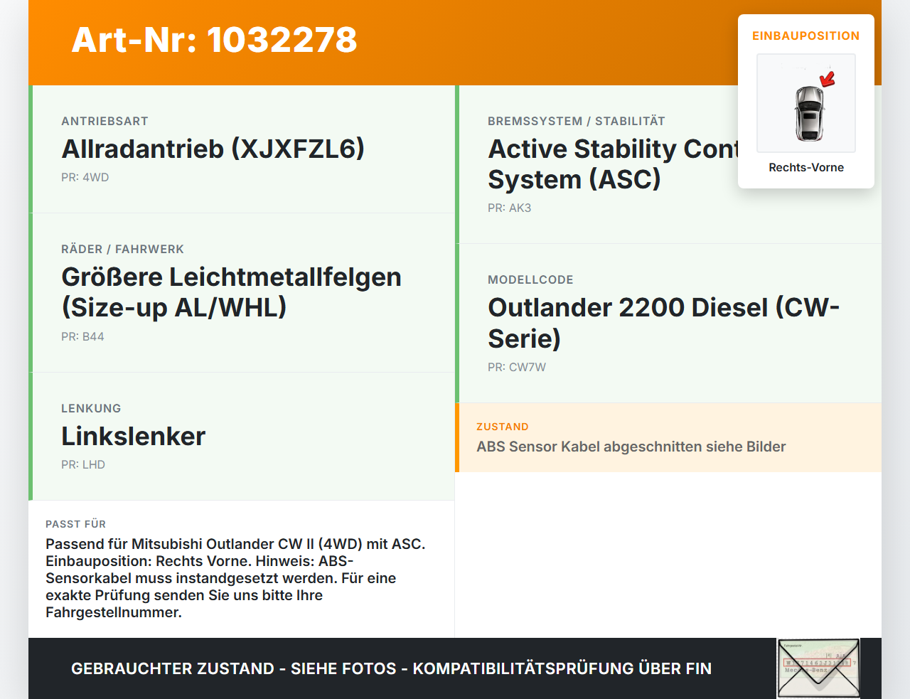 Mitsubishi Outlander CW II 07-10 DI-D 2,2 115KW Achsschenkel Radnabe mit ABS Rechts Vorne Mitsubishi Outlander CW... Vorschau 3