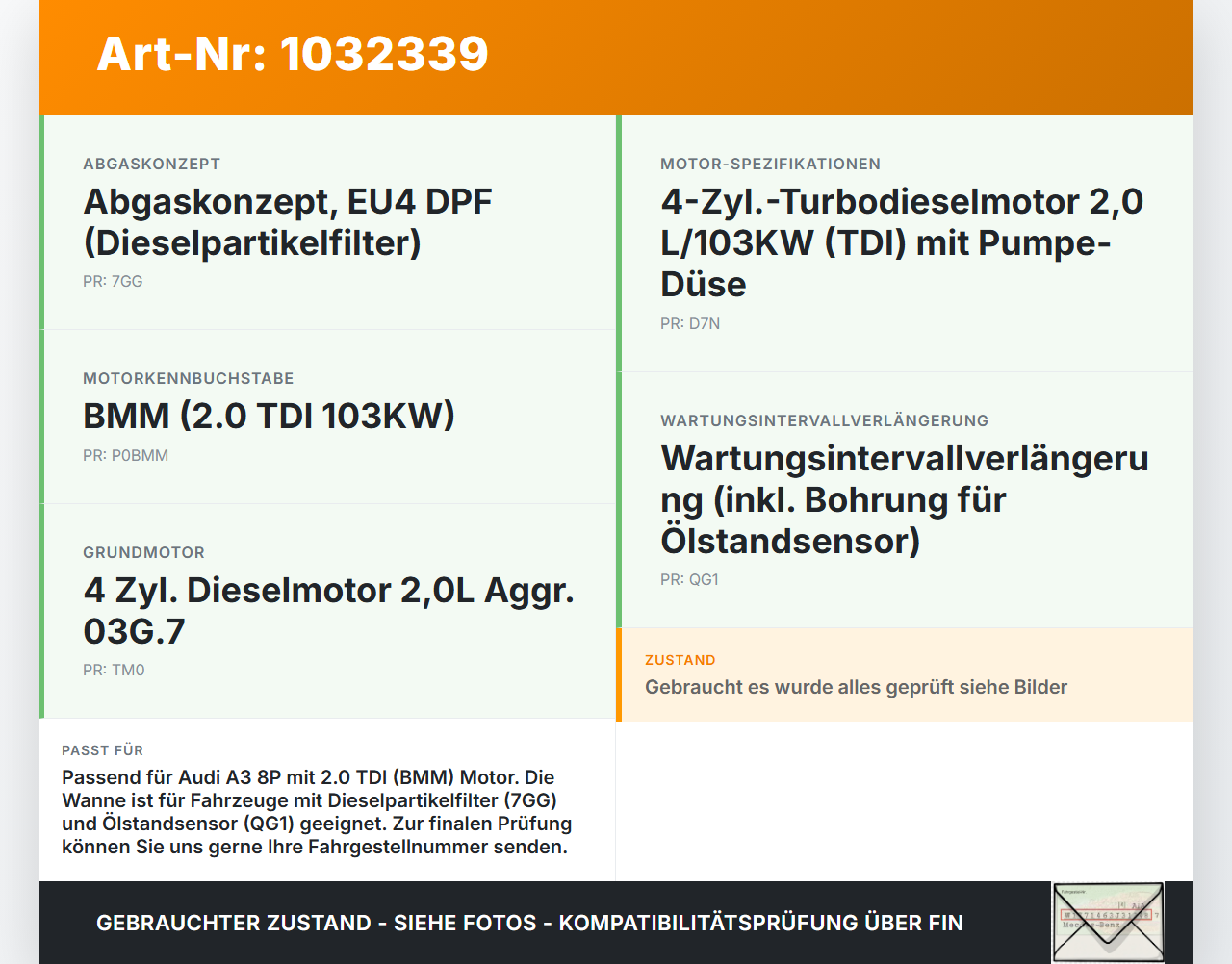 Audi A3 8P 04-08 TDI 2,0 103KW BMM Ölwanne Motorwanne Audi A3 8P 04-08 12.10.2007 03G103603AD gebraucht Vorschau 3